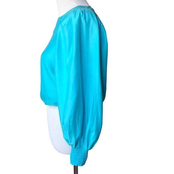 Alice + Olivia Shondra cotton silk blend blouse in aqua sz xs - Picture 6 of 10